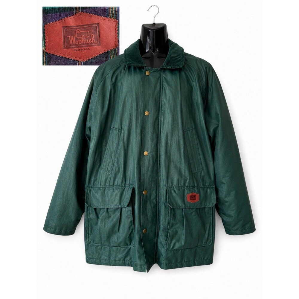 Vintage Woolrich Green Waxed Hunting Jacket Coat USA Plaid Lined Men’s L Large